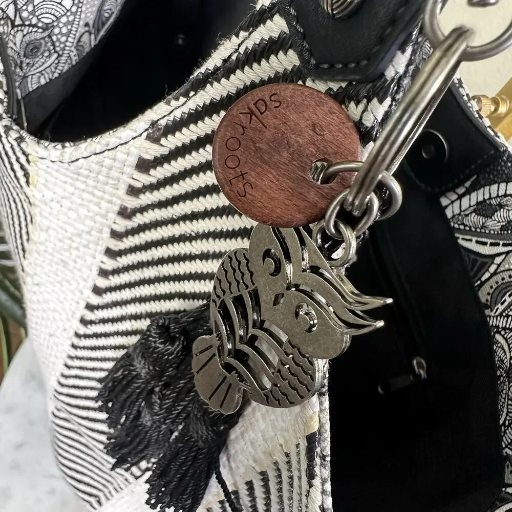 sakroots Large Hobo convertable Creme Black Brown Snaps Owl charm Tassels logo
